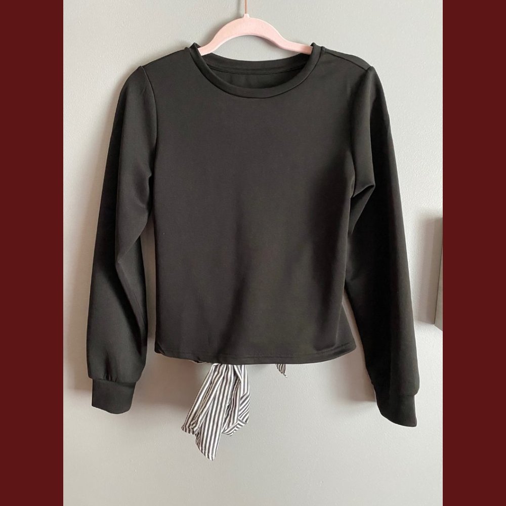 Unique Black Sweatshirt With Adorable White & Black Pinstripe Bow | Size: SM
